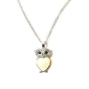 Sterling Silver Pink Opal Heart Shaped Owl Necklace with Crystal Halo Eyes  Owl